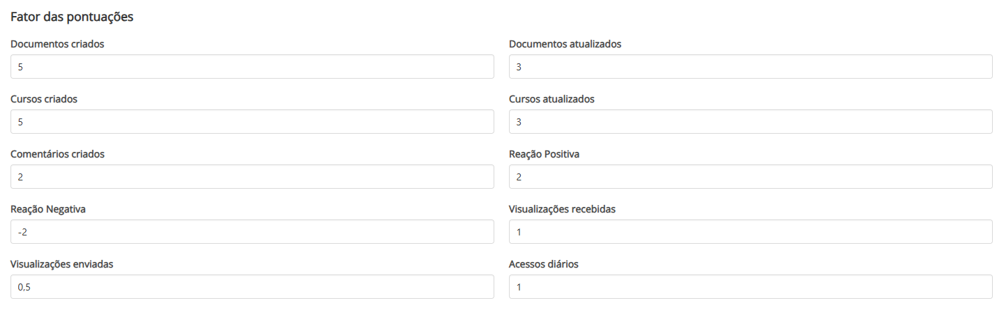 Campos de Fator das pontuações em Configurações dos jogos