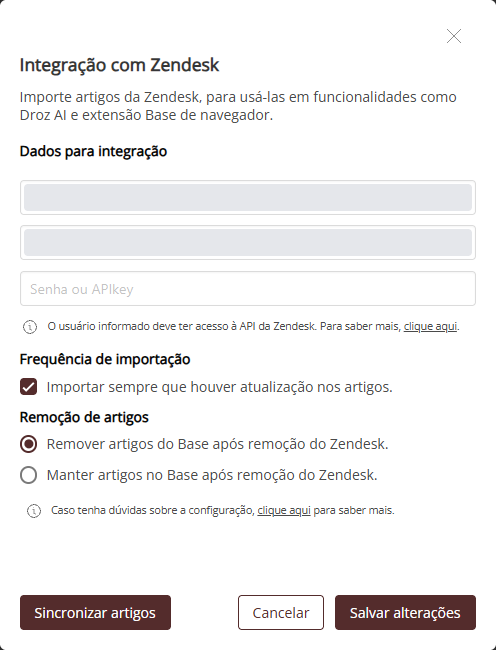 Janela Editar integração com dados, frequência de importação e remoção de artigos