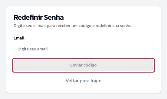 Tela Redefinir Senha com o campo de e-mail e o botão Enviar código