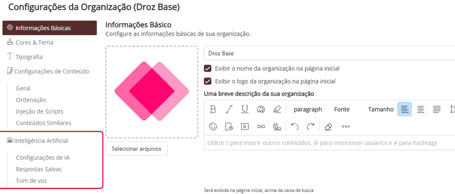 Caminho até Configurações de IA no menu Inteligência Artificial e as opções Habilitar assistente de IA e Permitir recursos de IA em ambiente público