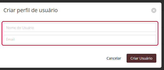 Janela Criar perfil de usuário com os campos Nome do Usuário e Email