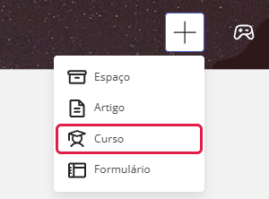 Menu do botão + no topo do Base com as opções Espaço, Artigo, Curso e Formulário, com Curso destacado