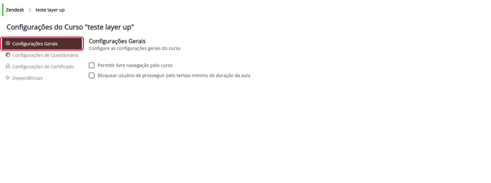 As quatro abas de configuração do curso: Gerais, Questionário, Certificado e Dependências