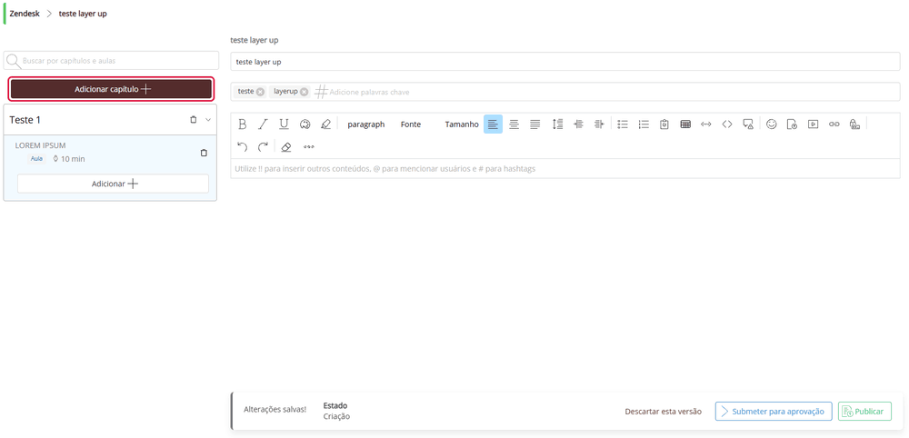 Editor do curso: Adicionar capítulo, o menu Adicionar com Aula e Questionário e os botões Submeter para aprovação e Publicar