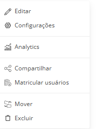Menu de ações do curso: Editar, Configurações, Analytics, Compartilhar, Matricular usuários, Mover e Excluir