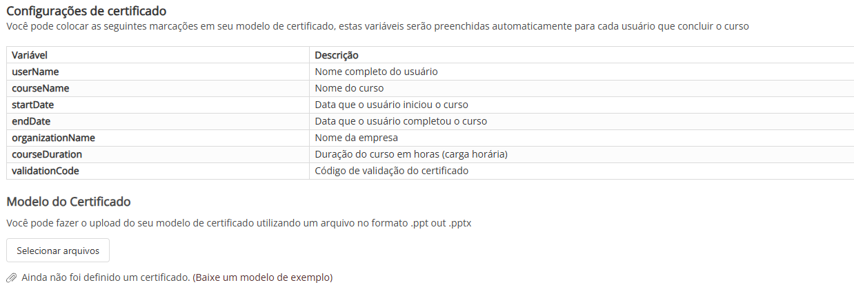 Aba Configurações de Certificado com a lista de marcações e o botão Selecionar arquivos