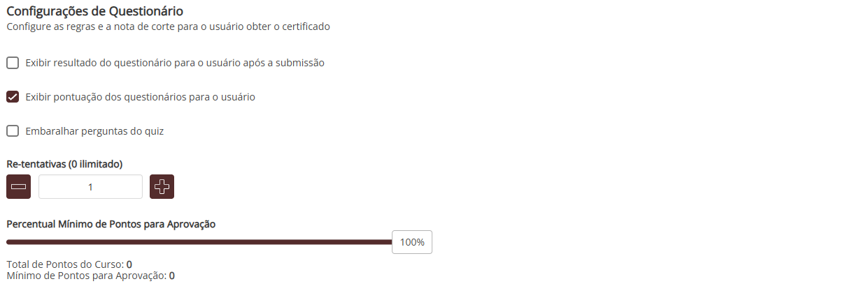 Aba Configurações de Questionário com Re-tentativas e Percentual Mínimo de Pontos para Aprovação