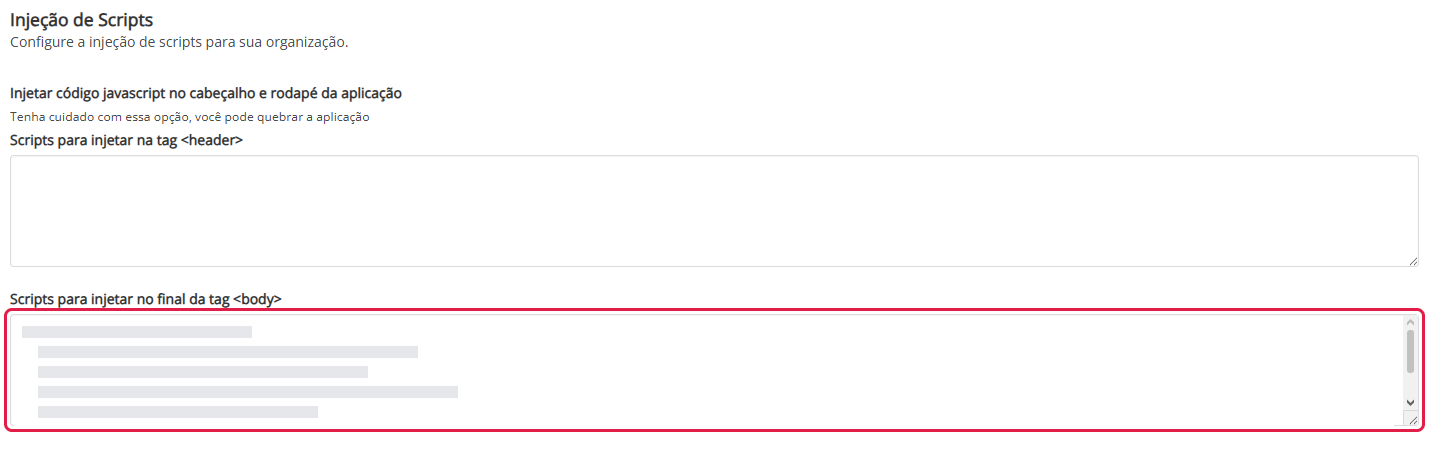 Tela Injeção de Scripts com um código colado no campo do final da tag body