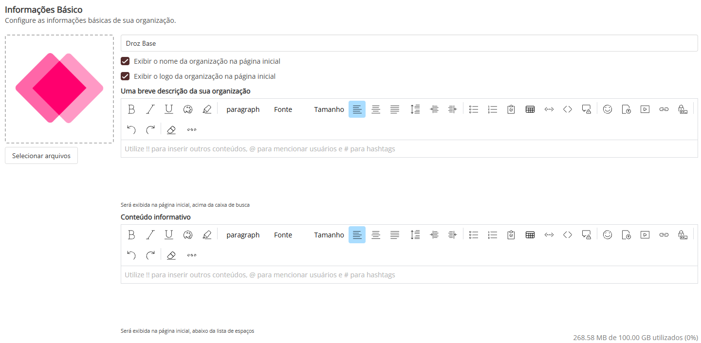 Tela Informações Básicas com logo, nome, descrição e conteúdo informativo