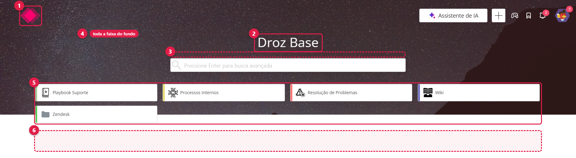 Página inicial do Base com números marcando logo, nome, descrição, imagem de fundo, Espaços e conteúdo informativo