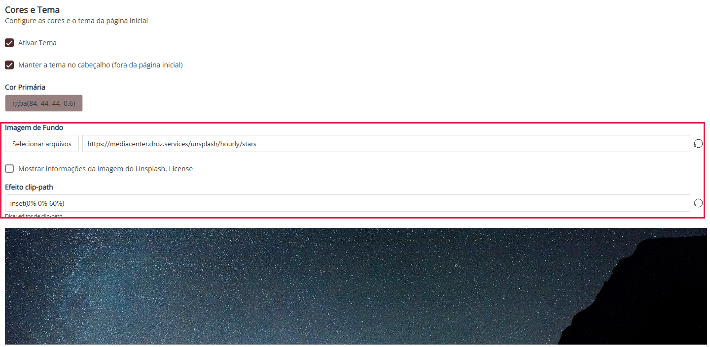 Tela Cores e Tema com Imagem de Fundo e Efeito clip-path destacados e a prévia da imagem