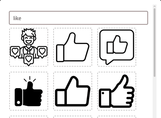 Busca de ícones com os termos like, idea e star, cada um trazendo ícones correspondentes
