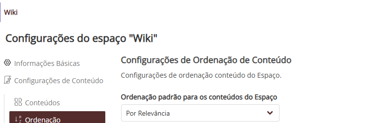 Configurações do espaço, aba Ordenação, com a lista Ordenação padrão para os conteúdos do Espaço