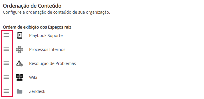Lista Ordem de exibição dos Espaços raiz com os ícones de arrastar destacados