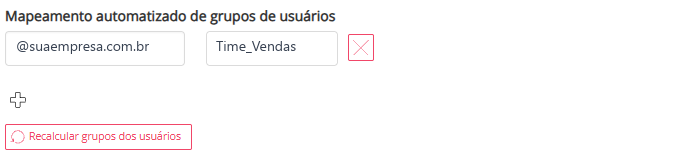 Regra de mapeamento automático com um domínio de e-mail, o grupo escolhido e o botão Recalcular grupos dos usuários