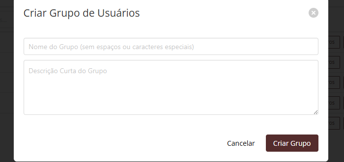 Janela Criar Grupo de Usuários com os campos de nome e descrição