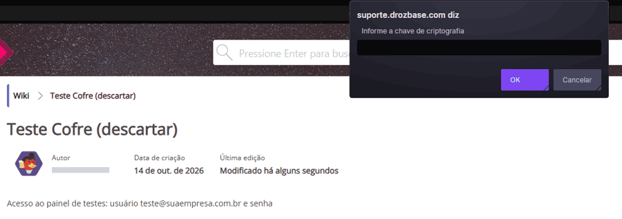 Ao clicar no trecho, o Base pede a chave de criptografia duas vezes e o trecho passa a aparecer como asteriscos