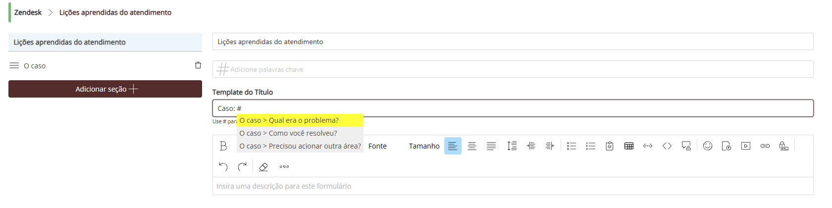 Template do Título com # mostrando as perguntas do formulário