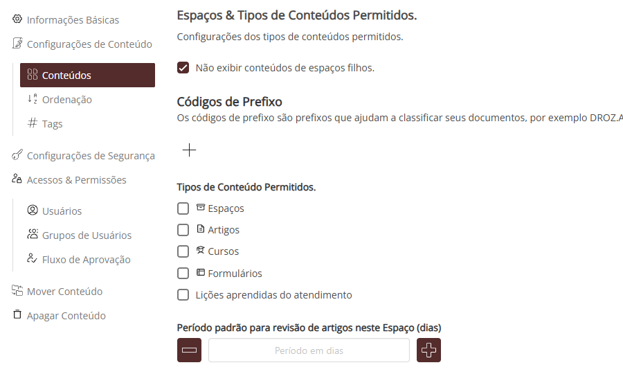 Configurações do Espaço com a lista Tipos de Conteúdo Permitidos