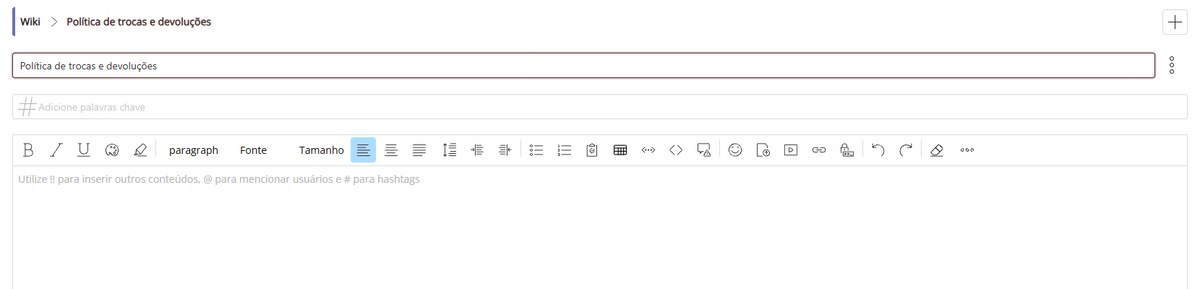 Botão + no topo do editor, busca pelo Espaço e o novo Espaço incluído no artigo
