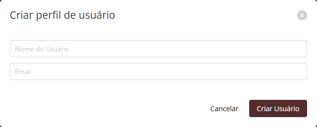 Janela Criar perfil de usuário com Nome do Usuário e Email