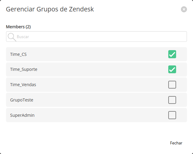 Janela Gerenciar Grupos com os grupos que têm acesso ao Espaço marcados