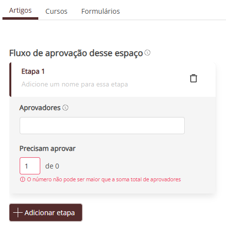 Fluxo de aprovação do Espaço com uma etapa, Aprovadores e Precisam aprovar