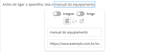 Balão do link com Integrar, Artigo, lápis e os campos Título e URL