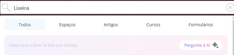 Barra de busca com uma palavra digitada, as abas Todos, Espaços, Artigos, Cursos e Formulários e o botão Pergunte à AI