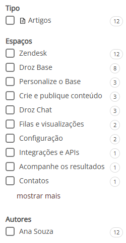 Filtros da busca avançada: Tipo, Espaços e Autores, com o total de resultados em cada opção