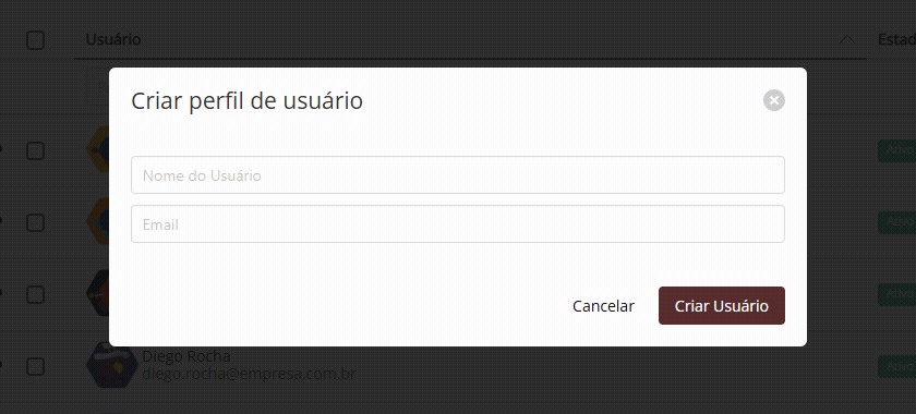 Janela Criar perfil de usuário com o nome e o e-mail preenchidos