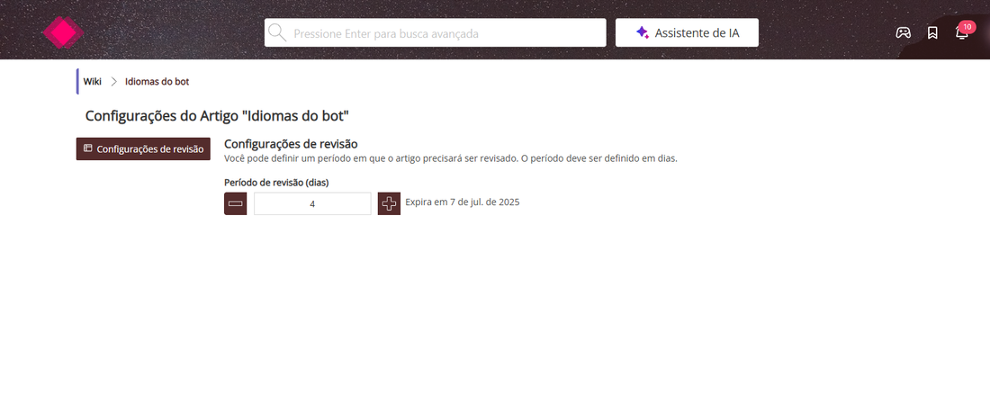 Configurações de revisão com o Período de revisão em dias