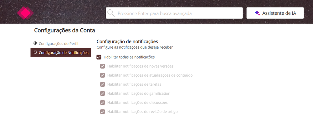 Configuração de notificações com as sete opções
