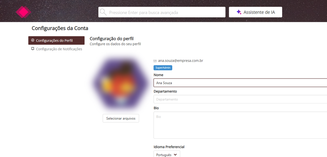 Configuração do perfil com foto, Nome, Departamento, Bio e Idioma Preferencial