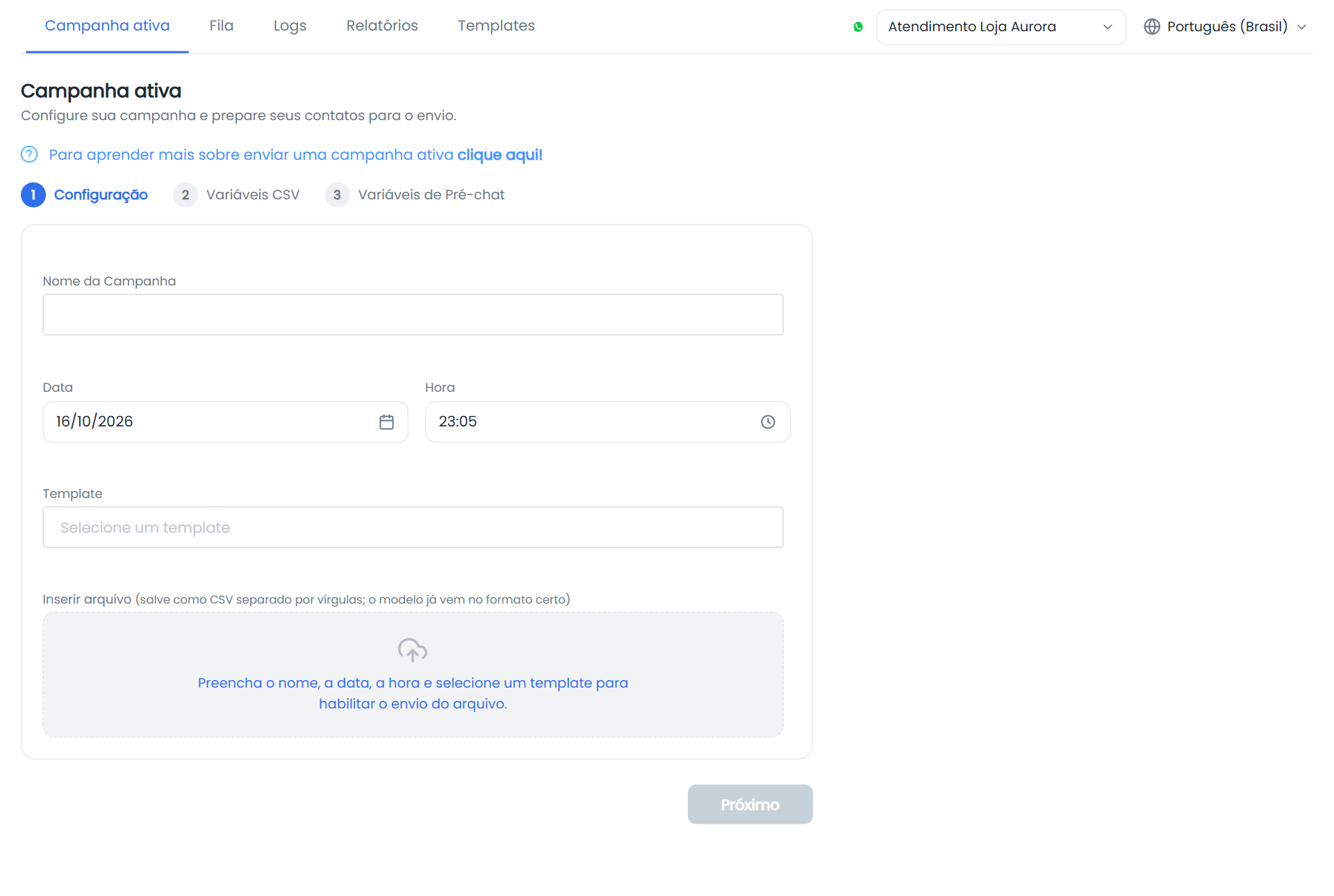 Painel do Droz Messaging aberto na aba Campanha ativa