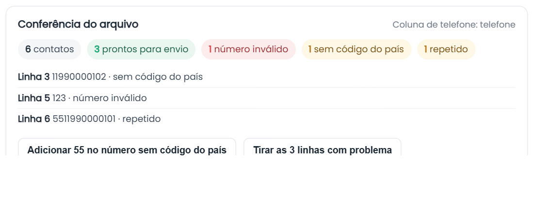 Conferência do arquivo apontando números com problema