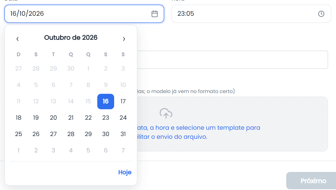Calendário do campo Data na Campanha ativa