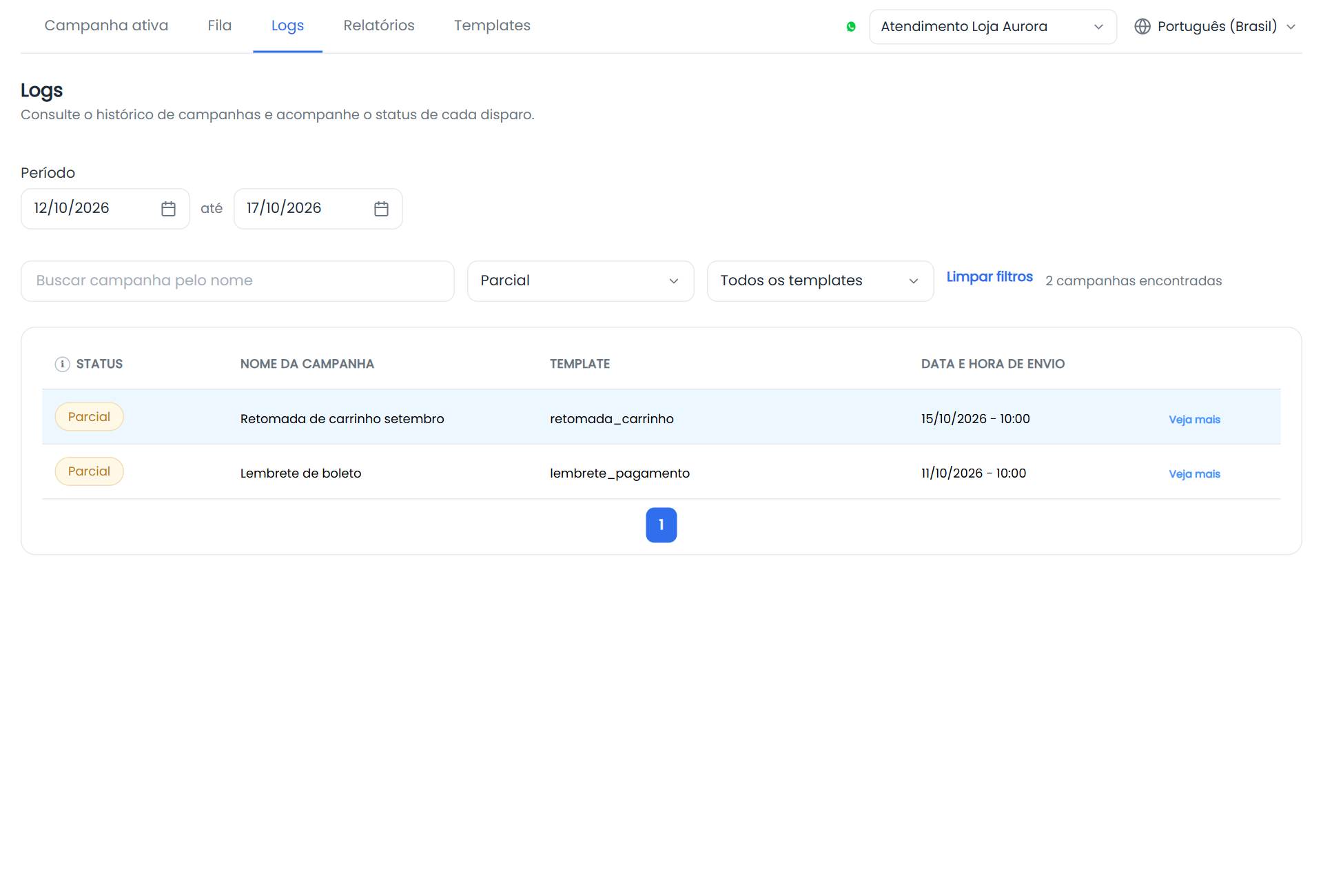 Logs filtrados por situação
