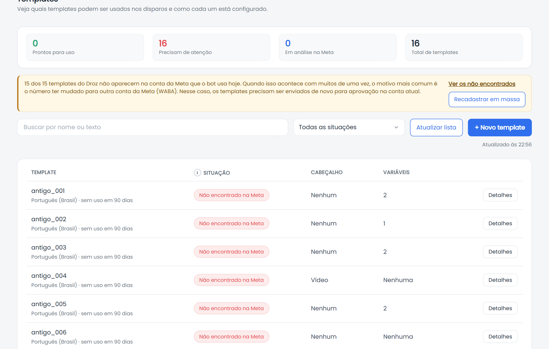 Aviso de templates não encontrados na conta da Meta