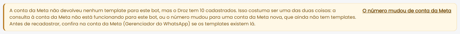 Aviso de conta da Meta sem templates