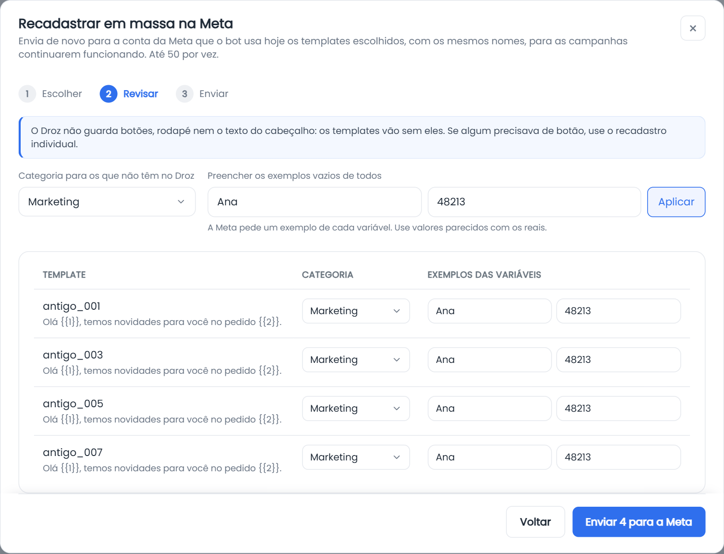 Recadastro em massa: revisar categoria e exemplos