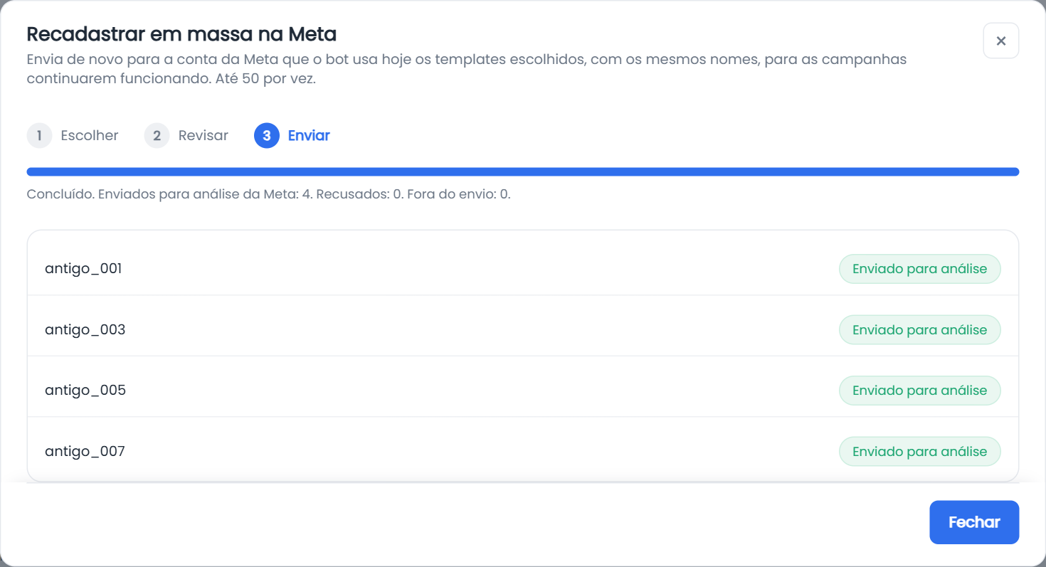 Recadastro em massa: resultado do envio