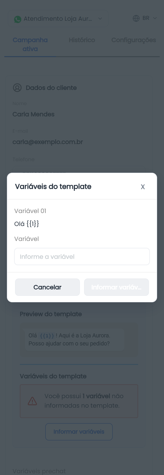 Janela Variáveis do template