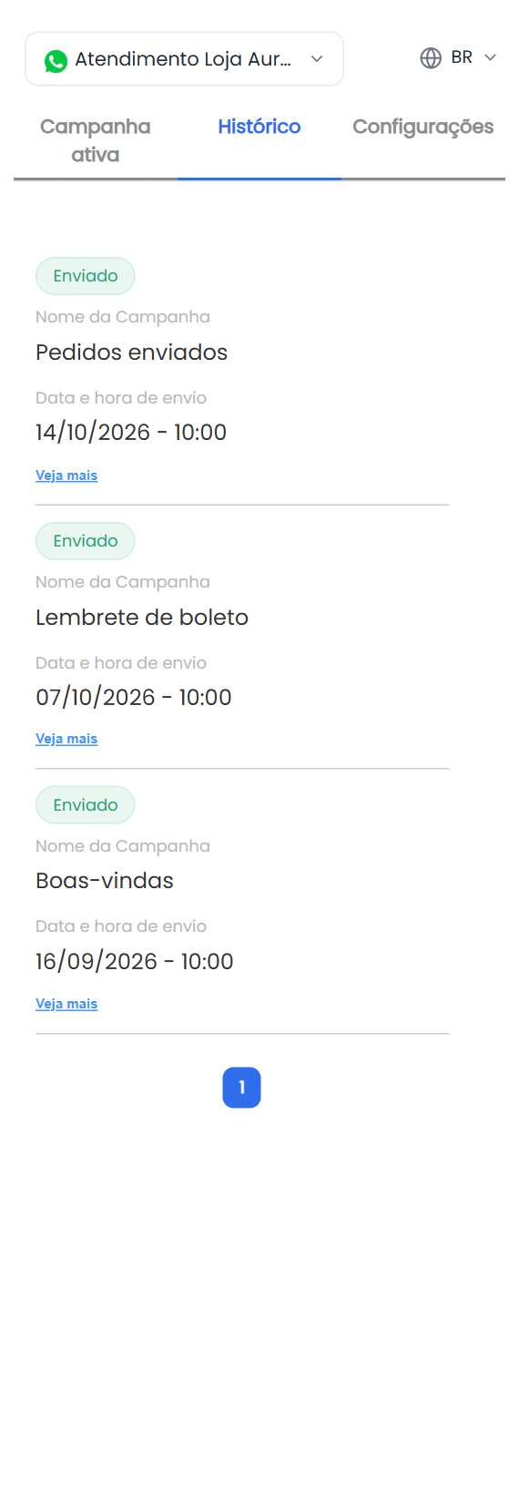 Aba Histórico com os disparos do cliente