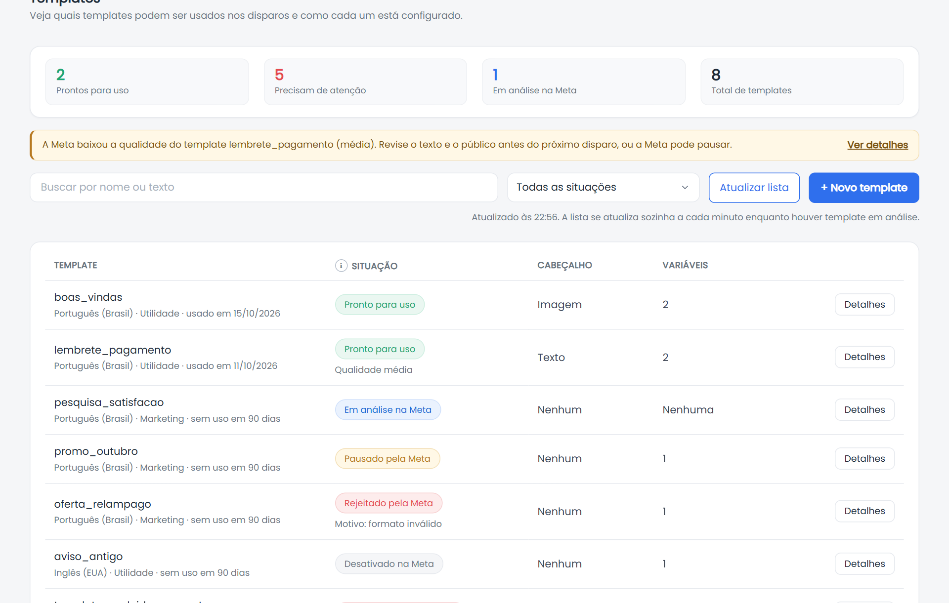 Aba Templates com o resumo e a lista