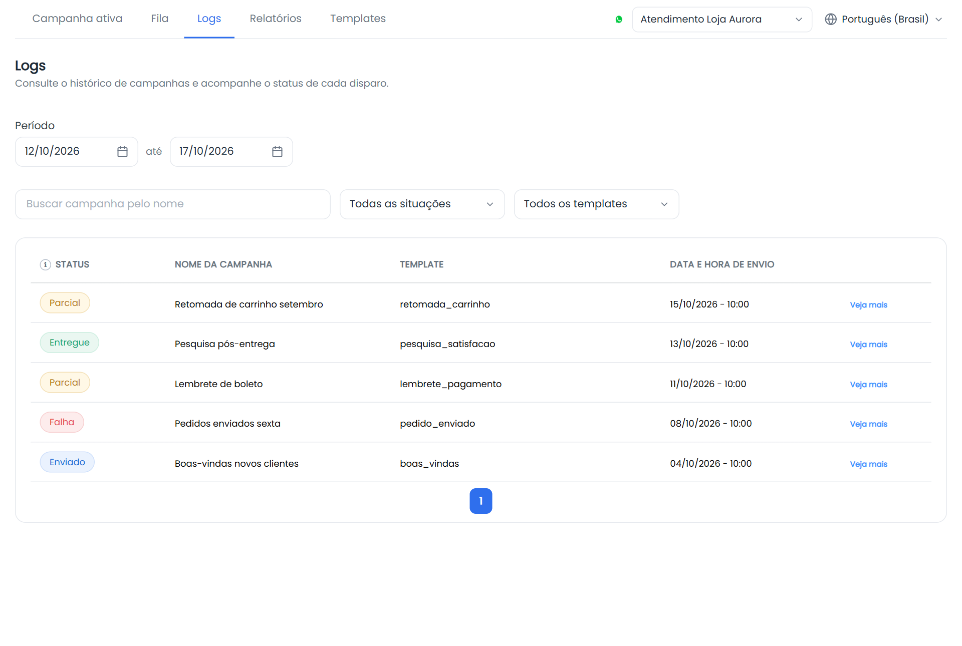 Aba Logs com o período e a lista de campanhas