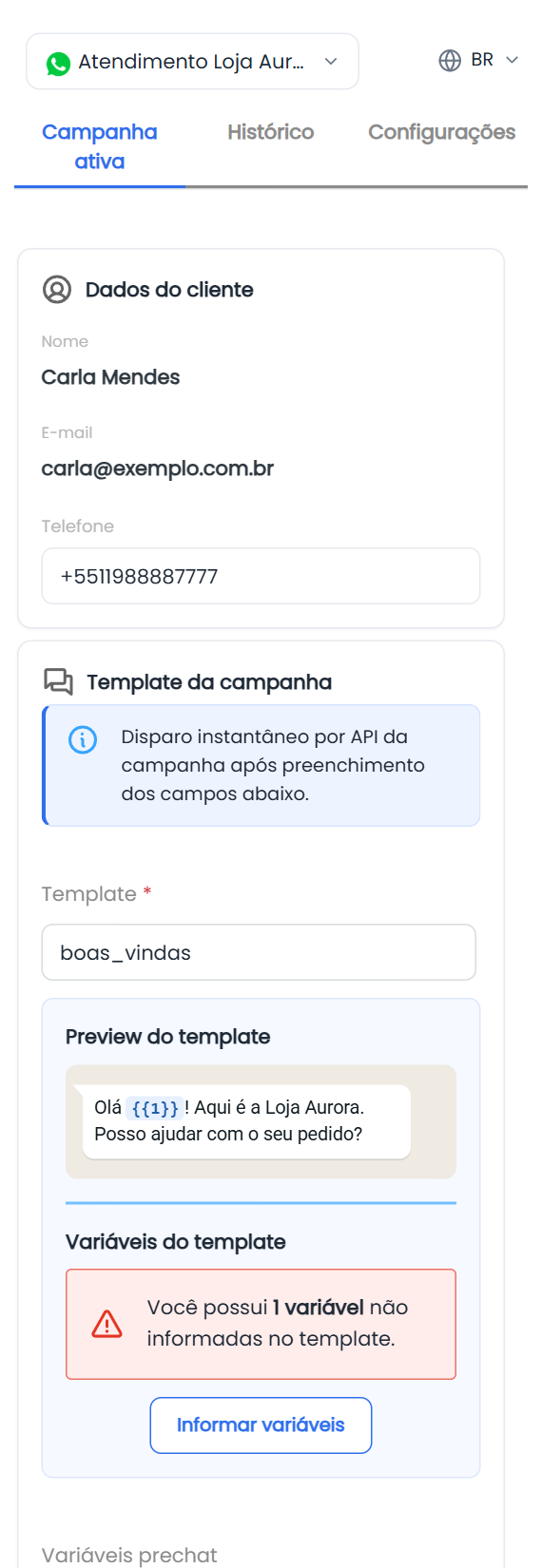 Template escolhido com a prévia e as variáveis