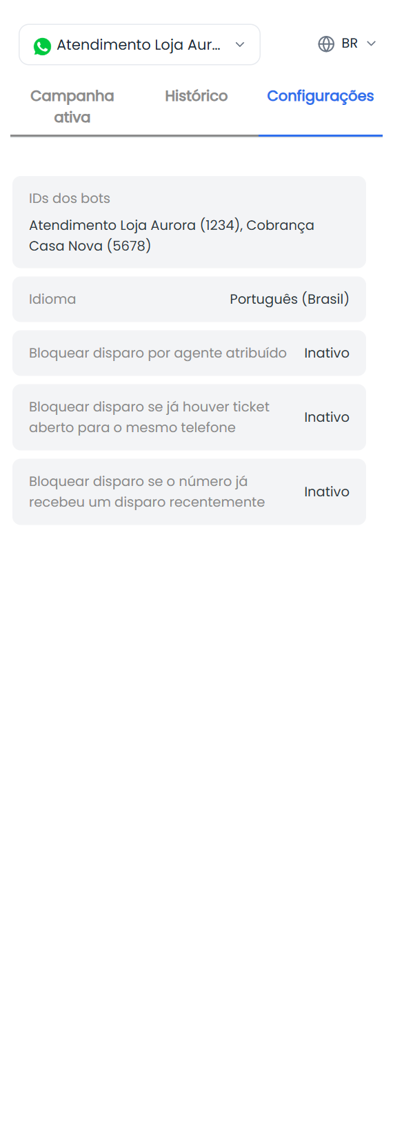 Regras de bloqueio na aba Configurações do ticket