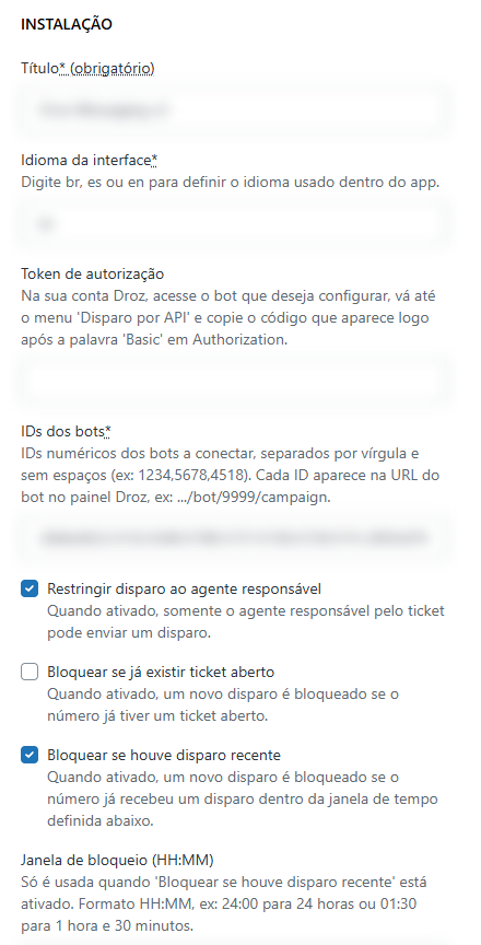 Campos de configuração do Droz Messaging na instalação