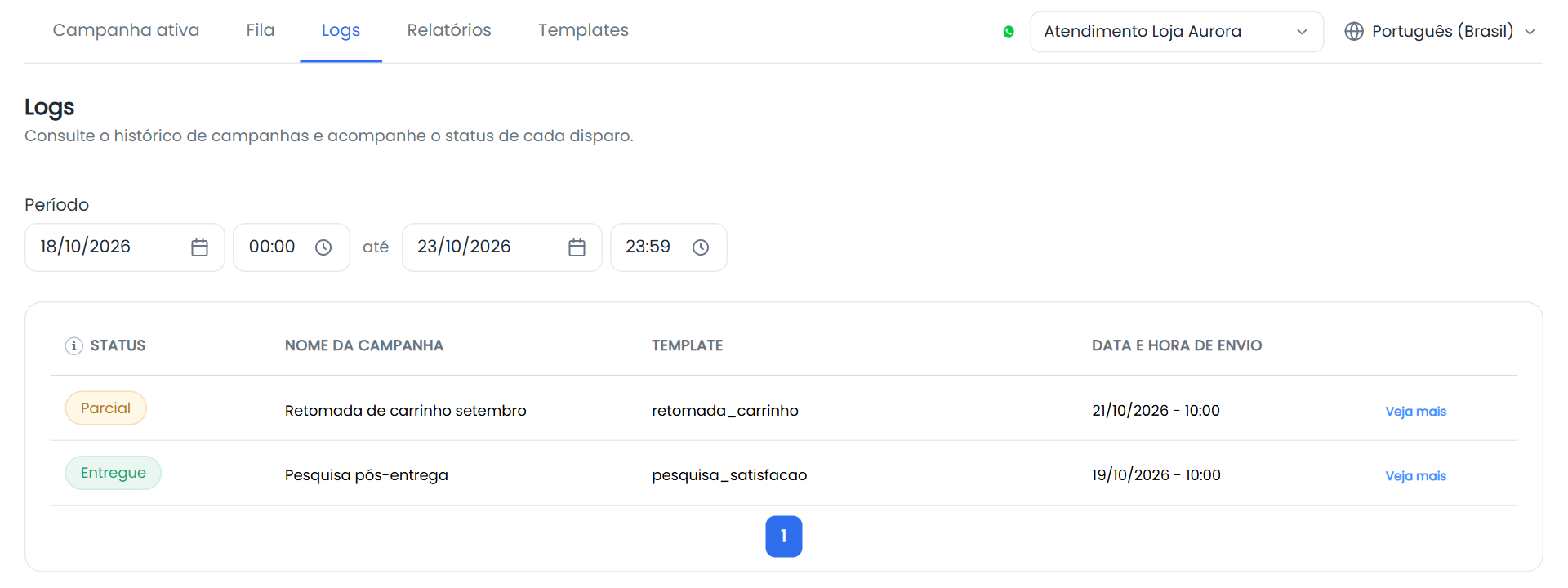 Aba Logs com o período de data e hora e a lista de campanhas